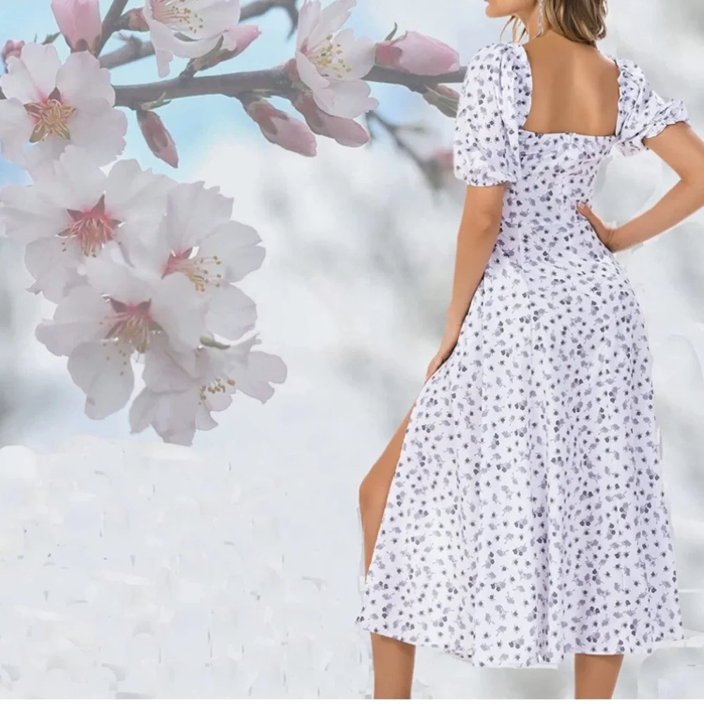 Cottagecore Boho Floral Square Neck Ruffle Hem Split Dress - Picture 6 of 7